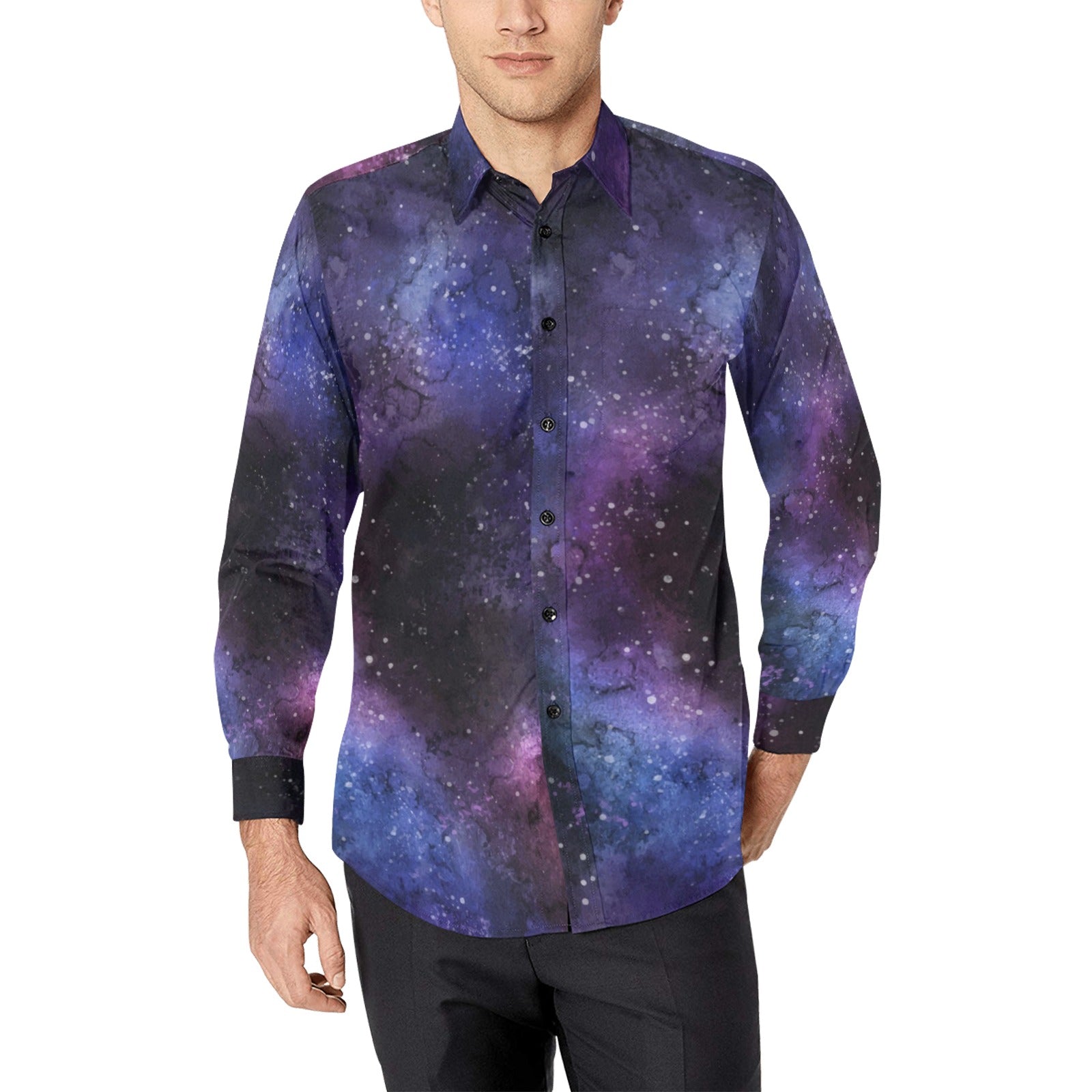 Galaxy Long Sleeve Men Button Up Shirt, Space Nebula Geeky Stars Print Dress Buttoned Collared Casual Dress Shirt with Chest Pocket